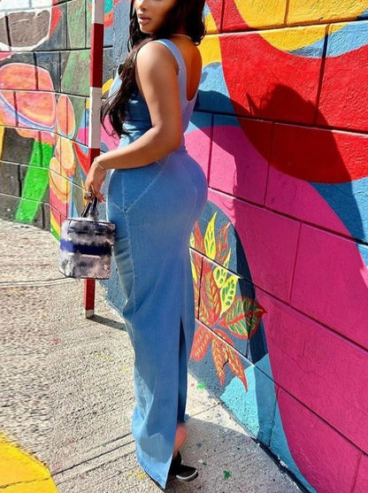 Blue Denim Maxi Dresses Women Spaghetti Strap Low Cut Backless Zipper Split Bodycon Dress Summer 2023 Harajuku Streetwear