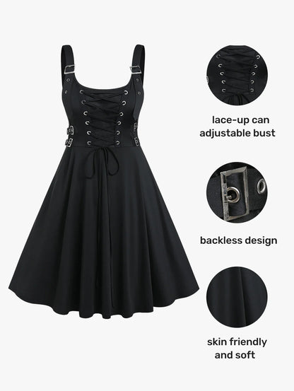 Plus Size Gothic Buckled Lace Up Midi Dress High Waist Sweetheart Neck Asymmetrical Half Zip Sleeveless Party Punk Dress