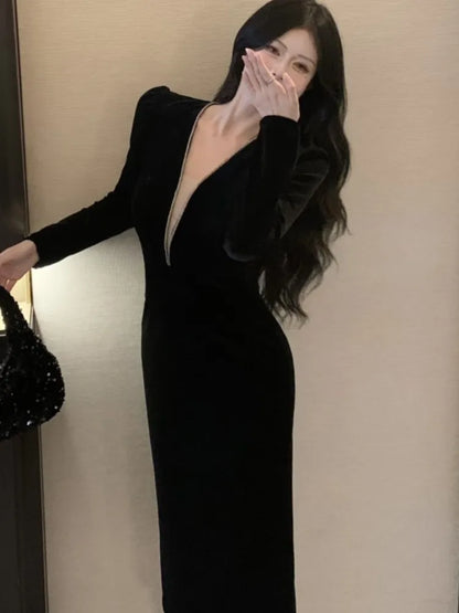 lovwvol Sexy Deep V-neck Black Velvet  Dress Women Autumn Winter Vintage Solid Long Sleeve Prom Vestidos Evening Party Robe Female New