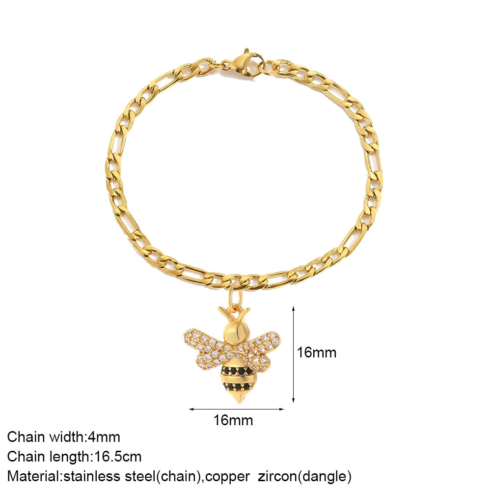 Cute Heart Love Sun Angel Charms Bracelet for Women Evil Blue Eye Gold Color Stainless Steel Chain Copper CZ Dangle Bangle