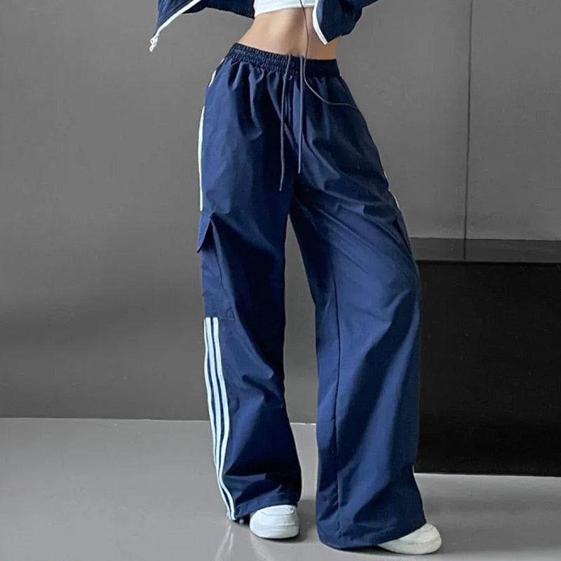 Women Casual Joggers Tech Pants Vintage Solid Low Waist Drawstring Baggy Trousers Y2K Wide Leg Sweatpants Streetwear Cargo Pants