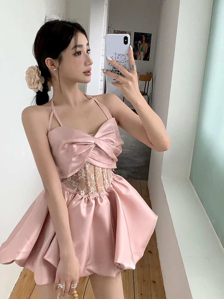 lovwvol Metallic Pink Satin Bud Mini Dress Women Bandage Halter See Through Lace Spliced Puffy Princess Dress Prom Party Gown