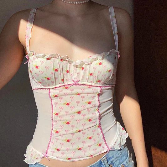 lovwvol Vintage Fashion Bow Printed Summer Mesh Top Camisole Coquette Clothes Bow Ruched See Through Sexy Camis Top Women New