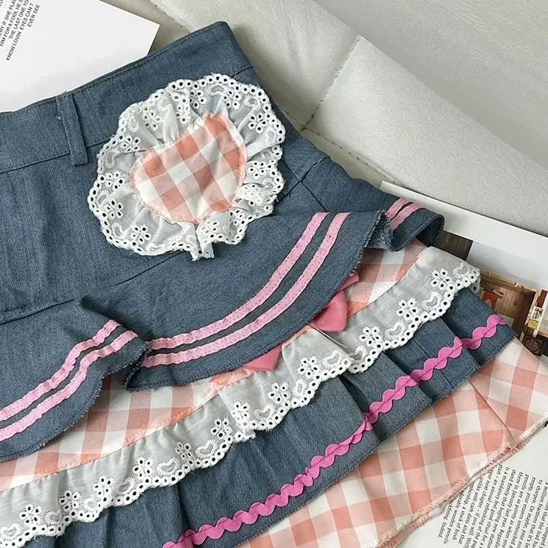 Kawaii Denim Skirt Women Japanese 2000s Style Y2k High Waist Bow Patchwork Cute Mini Jean Skirt Autumn Lolita Girl