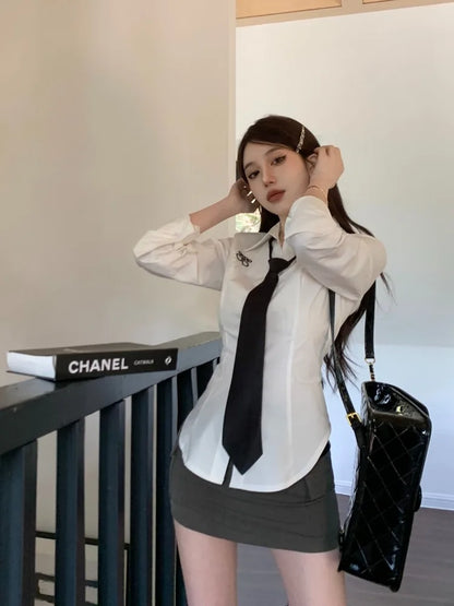 lovwvol Preppy Style Women Blouses White Y2k Long Sleeve Embroidery Shirts with Tie Korean Fashion Slim Lolita Harajuku JK Tops