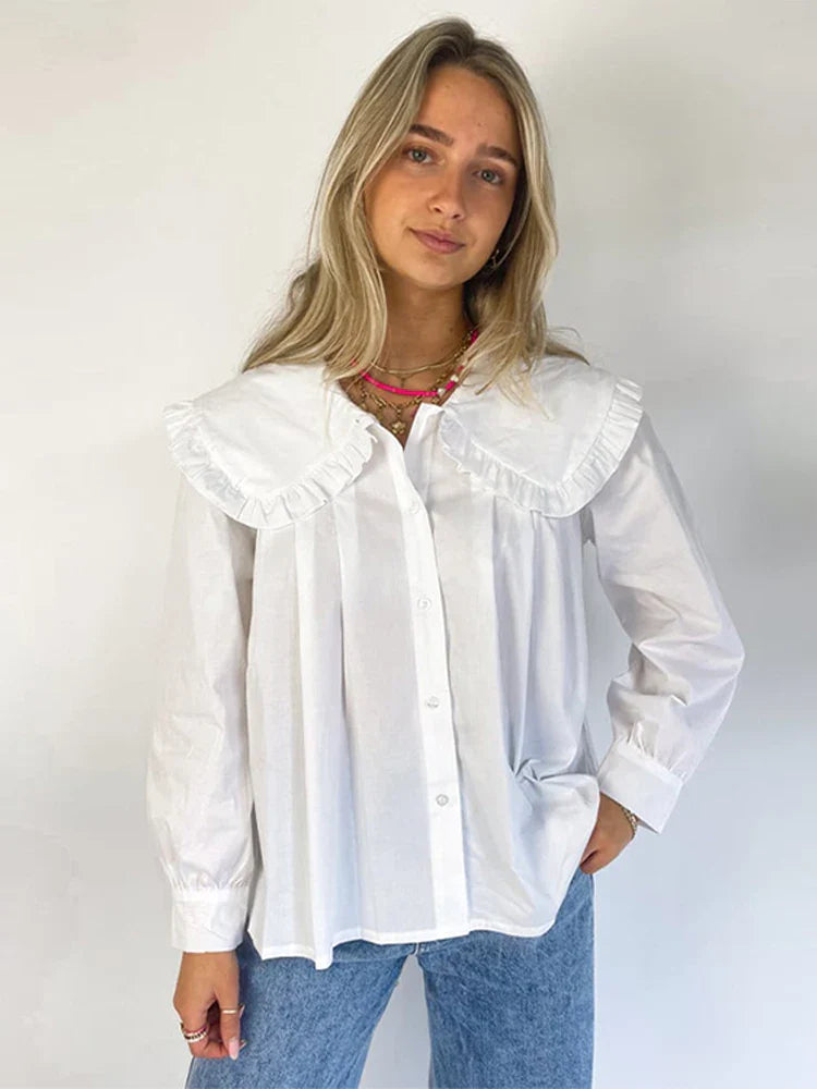 lovwvol Office Lady Peter Pan Doll Collar Shirts 2024 Spring Summer Women's Long Sleeve Blouse Elegant Single Breasted Lady Chic Tops