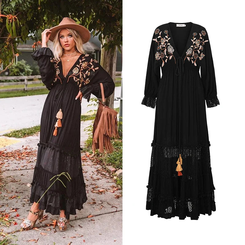 lovwvol Vintage Deep V Floral Embroidery Dress for Women Casual Loose Ruffles Summer Dresses 2022 Beach Wear Long Vestidos Robe