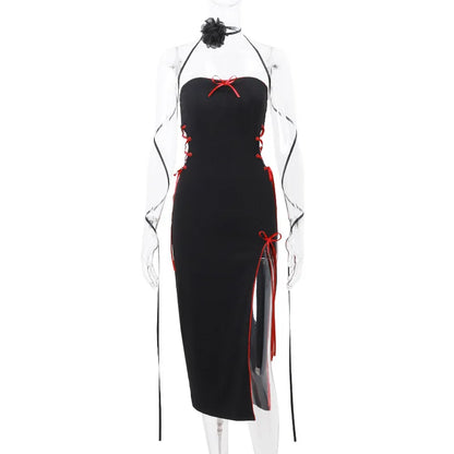 High Split Y2k Hollow Out Party Midi Dresses Mall Gothic Bandage Bow Sexy Long Dress Women Sling Slim Black Streetwear