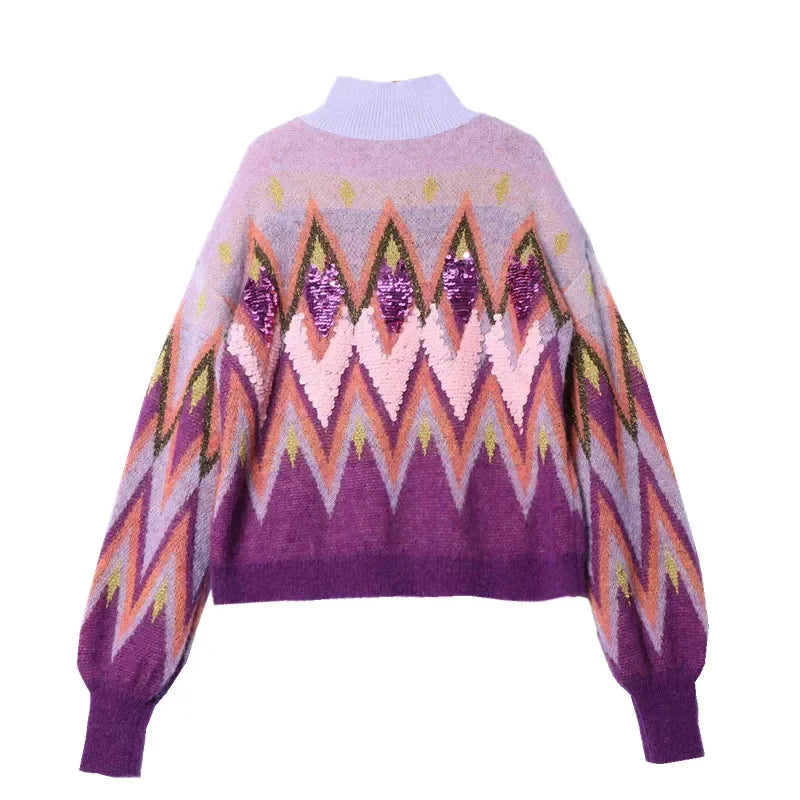 lovwvol Purple Sequin Embroidery Lazy Sweaters Women Vintage Long Sleeve Turtleneck Autumn Winter Knitted Pullover Warm Jumper