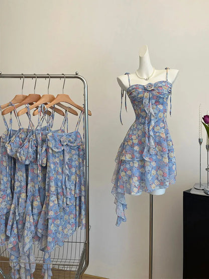 lovwvol Harajuku Sweet Floral Dress Banquet Blue A-Line Dress Romantic Coquette One-Piece Frocks Puff Sleeve Tide Spring Summer