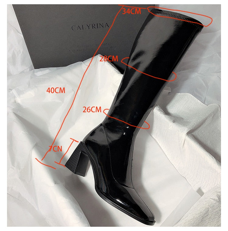 7CM Women Long Boots High Quality Leather Patent Leather Ladies Zip Knight Boots Fashion High Heel Knee-high lady Boots