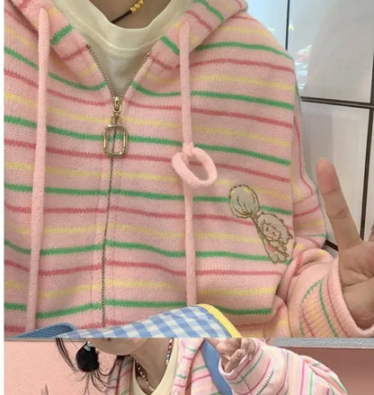 Kawaii Sweet Harajuku Knitted Cardigan Japanese Fashion Y2k Striped Cute Cartoon Embroidery Sweater Soft Gril  Chic