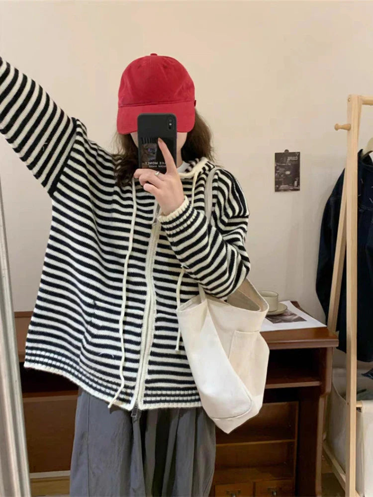 Contrast Color Striped Fashion Casual  Hooded Cardigans Autumn Sweet Sweaters Y2k Aesthetic All Match Women Dual Zippers Tops