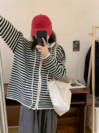 Contrast Color Striped Fashion Casual  Hooded Cardigans Autumn Sweet Sweaters Y2k Aesthetic All Match Women Dual Zippers Tops