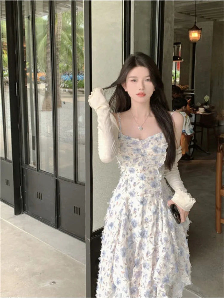 lovwvol Summer 2024 French 2 Piece Dress Sets Women Elegant Casual Cardigan + Sexy Y2k Floral Midi Dress Korean Beach Even Party Chic