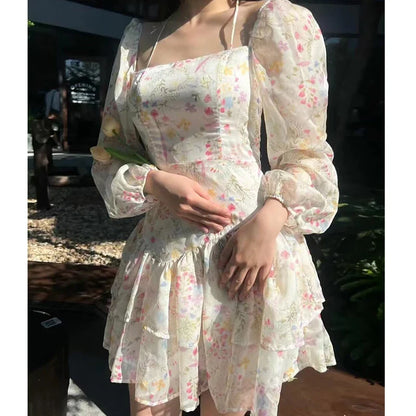 lovwvol Spring 2024 Sweet Women Floral Print Chiffon Dresses Long Sleeve Square Neck Female Holiday Party Mini Dress Summer Robe