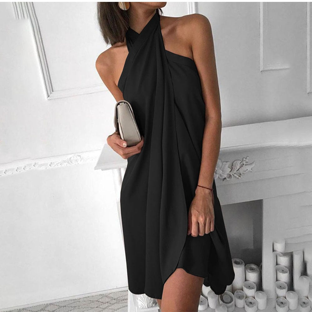 Women Sexy Halter Summer Dress Fashion Elegant Sleeveless Solid Irregular Loose Casual Boho Beach Dresses Robe Femme