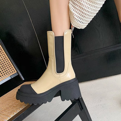 Chunky Heels Patent Leather Chelsea Boots Women 2023 Autumn Round Toe Thick Platform Ankle Boots Woman Slip On Mid Calf Booties