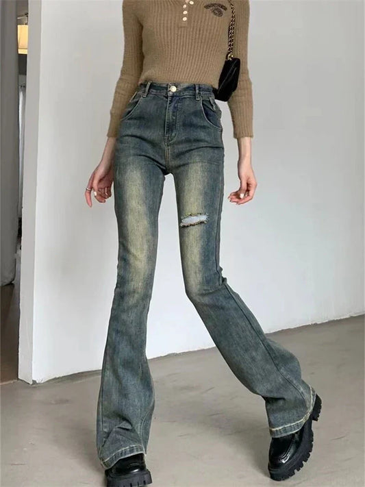 lovwvol Women's Retro Micro Flared Jeans Vintage Street Style Broken Hole Denim Trousers Young Girl Bottoms Female Straight Skinny Pants