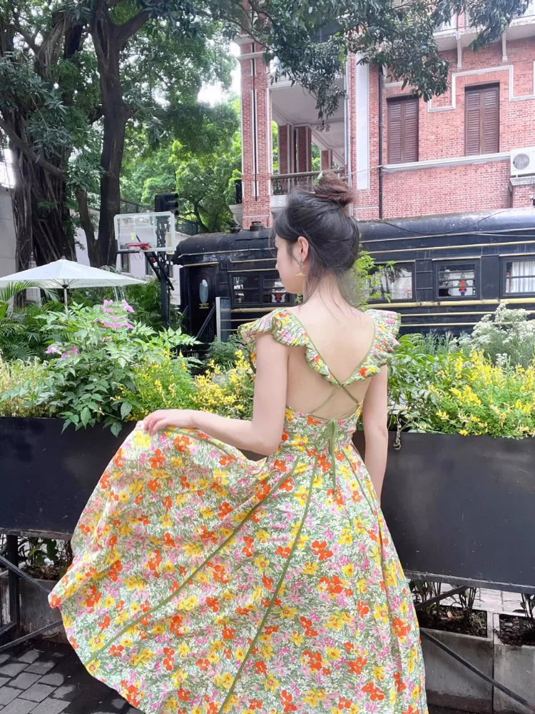 lovwvol Vintage Sweet Floral Robe Beautiful Holiday Style Dress Back Lacing High-waisted Chic Long Skirt Korean Fashion