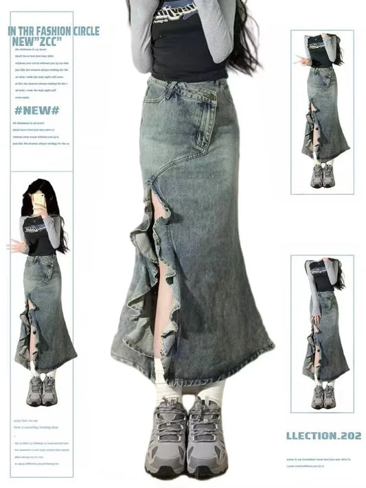 lovwvol Women's Mermaid  Skirt Clothes Blue Skirt Harajuku Korean Girl Casual Chic Fashion Vintage A-Line Denim Skirt Split Hem Coquette