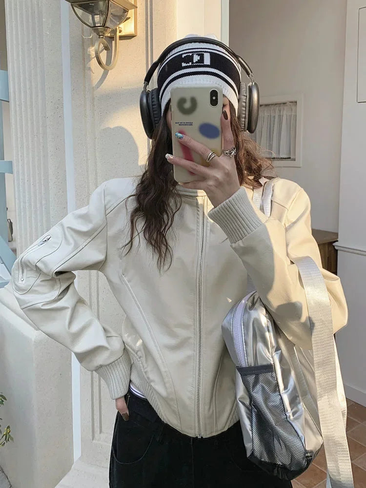 lovwvol Stand Collar Zipper Woman Pu Jackets Loose Casual Motorcycle Jaquetas Retro Cropped White Leather Jackets Autumn 2023 New Coats