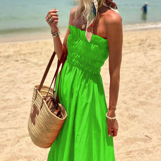 lovwvol Women Sexy Pleated Elastic Strapless Long Dress Vintage Summer Solid Slim A-Line Beach Dress Fashion Holiday Maxi Party Dresses