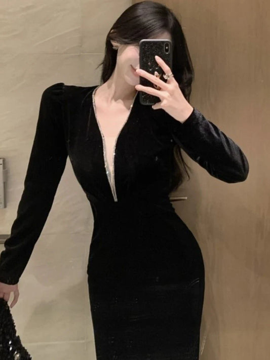 lovwvol Sexy Deep V-neck Black Velvet  Dress Women Autumn Winter Vintage Solid Long Sleeve Prom Vestidos Evening Party Robe Female New