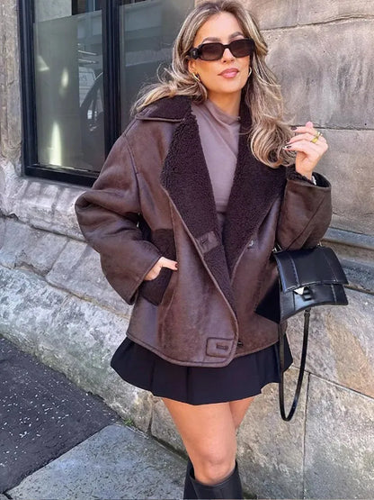 Thick Faux Leather Lambswool Jacket Women Autumn Winter Lapel Vintage Single Breasted Coats Female Pocket Warm Streetwear