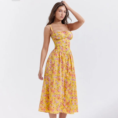 lovwvol Summer Elegant Floral Print Midi Holiday Dress with Pocket Yellow Back Lace Up Party Dresses Casual Women Dress