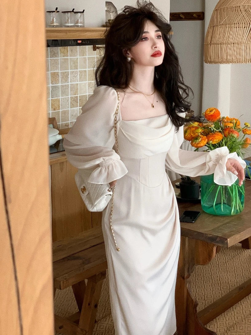 Vintage Wedding Party Midi Dresses for Women Spring New Square Collar Long Sleeves Elegant Fashion Evening Prom Female Clothing