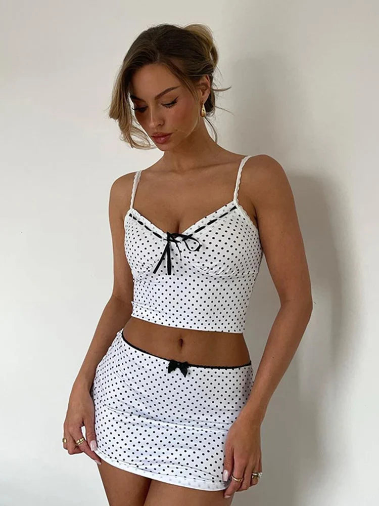 lovwvol - Dot Printed V-neck Vest Mini Skirt Two Piece Set Women Hip Wrap Patchwork Bow Slim Fit Sleeveless Beach Sexy Fashion Sets