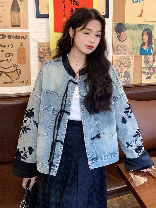 lovwvol  -  Chinese Style Embroidered Short Denim Coat Women's Jacket  Autumn Knot Botton Design Loose Outerwears Female Clothes