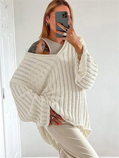 V-Neck Oversized Women's Sweater Long Sleeve Hollow Out Striped Knit Tops Winter Trend Casual Loose Pullover Sweaters