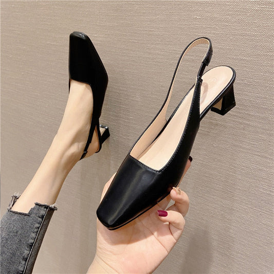 3cm New Fashion Sandals Square Toe Leather Block Heels Ankle Wrap Women Black Shoes 38 39