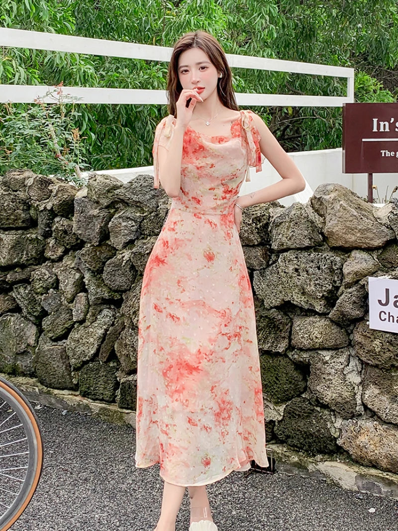 French Floral Suspender Chiffon Dress Seaside Holiday Beach Long Dress Summer Fairy Temperament Korean  Women's New Chic