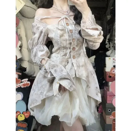 lovwvol  -  Sweet Hot Girl Suit Women's Summer Lace-up Flare Sleeves Shirt High Waisted Puffy Skirt Two-piece Set Female Clothes