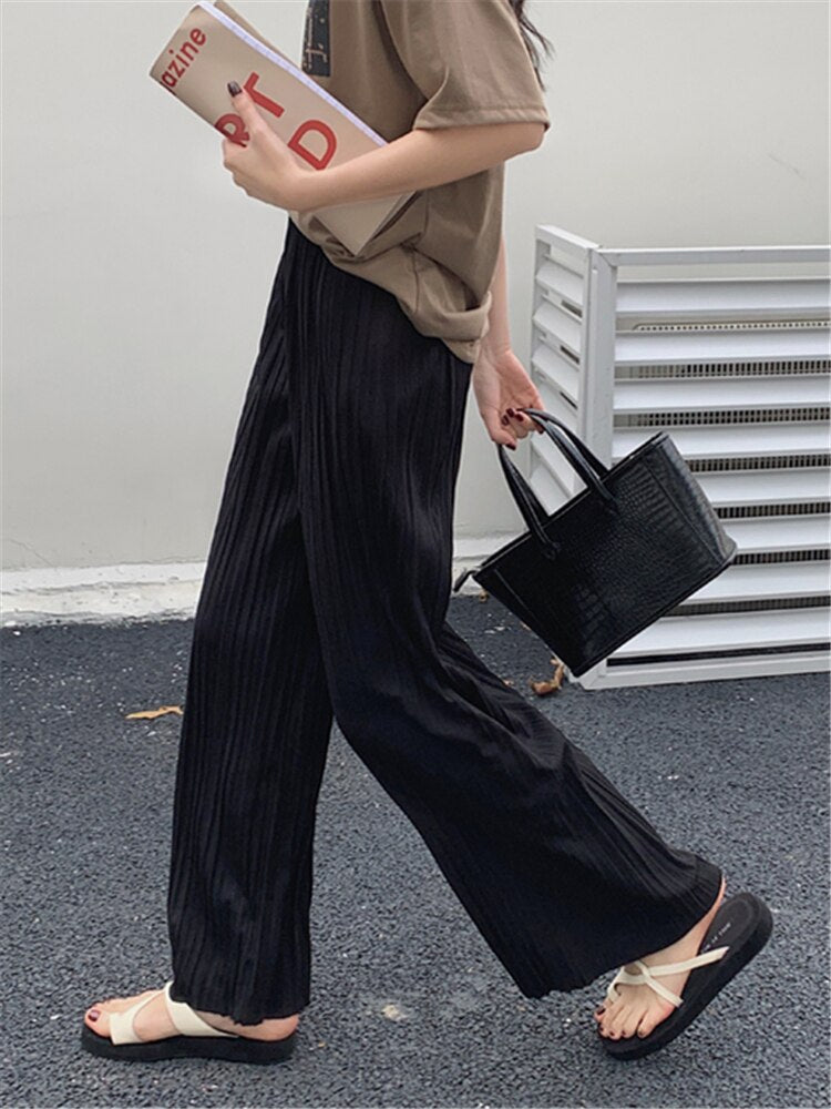 Women's Pants New Pleated Wide Leg Summer Elegant High Waist Knitted Female Straight Casual Loose Chic Trouses