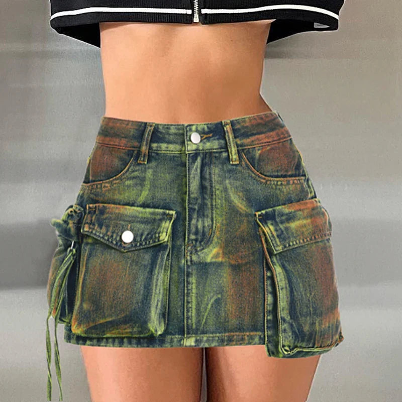 lovwvol  High Street Big Pockets Denim Skirt For Women Vintage Tie Dye y2k Jeans Skirts Fashion Club Outfits Bottoms Clothes