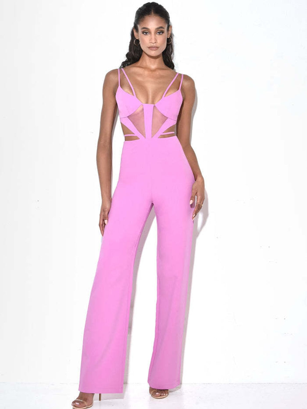 Newest Women Summer Style Sexy V Neck Hollow Out Pink Bodycon Bandage Jumpsuit  Celebrity Designer High Street Rompers