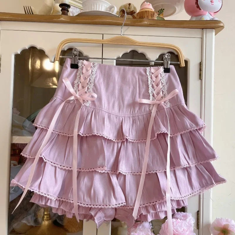 Japanese Kawaii Lolita Style Pleated Skirts Women High Waist Pink Bandage Fairy Y2k Aesthetic Skirt Cute Faldas Mujer Moda