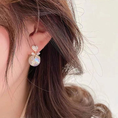 New Metal Heart-Shaped Pearl Earrings For Women Korean Fashion Back Hanging Earring Girls Shiny Zircon Exquisite Jewelry