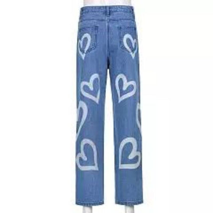 lovwvol  Fashion Trousers Medium Wash High Waist Heart Print Wide Leg Jeans