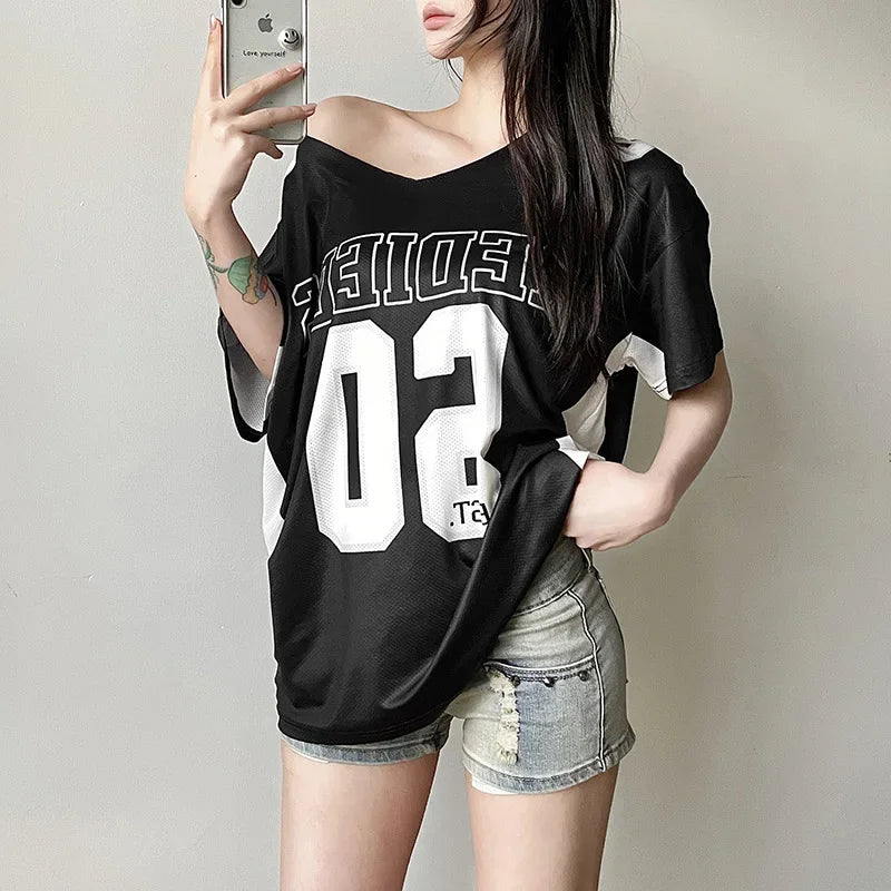 lovwvol  -  Y2k Aesthetic Summer Letter Printing T-shirts Harajuku Patchwork Loose Oversize Tops Women Harajuku Skew Collar Casual Tees