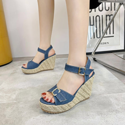 Oversized slope heel sandals, denim buckle strap,  slope heel grass woven casual women's sandals  shoes for women sandals