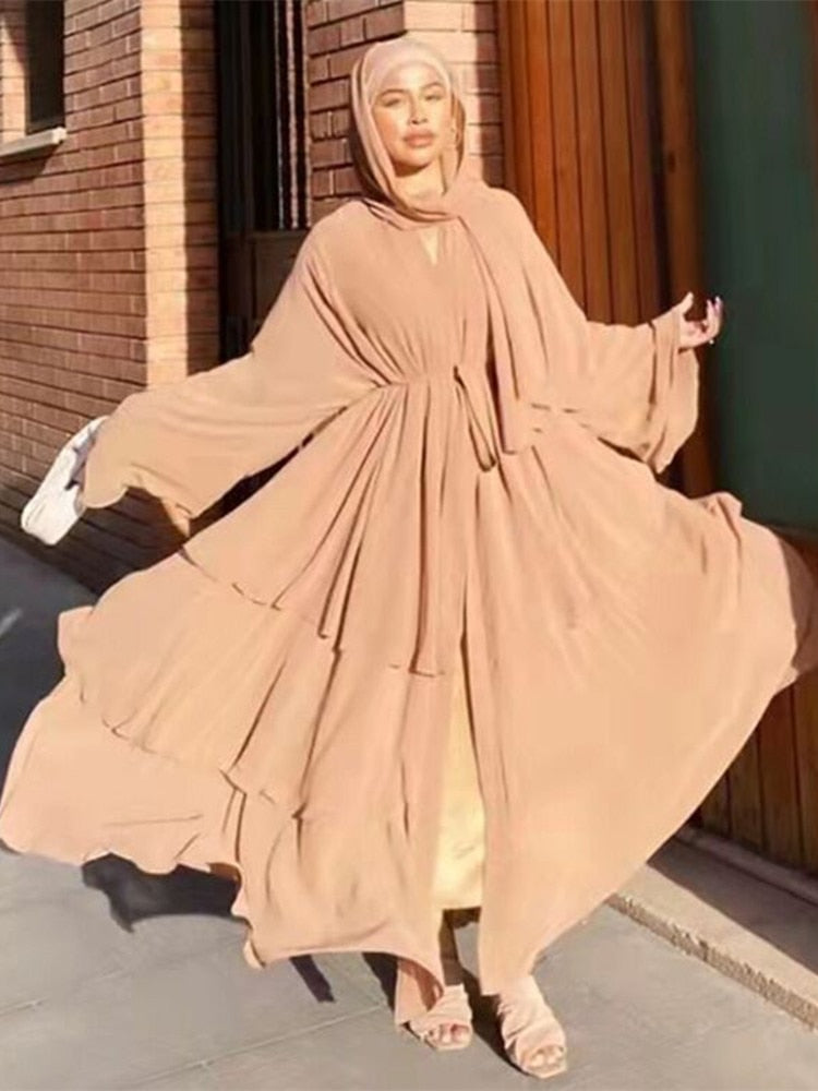 Ramadan Eid Djellaba Abaya Dubai Three-layer Soft Chiffon Muslim Dress Abaya Dubai Turkey Muslim Islam Abayas With Belt WY660