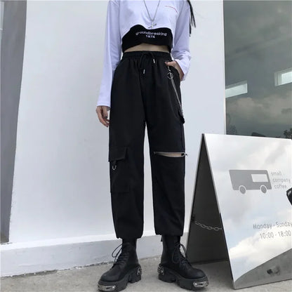 Fashion Jogger 3 Piece Sets Women New High Waist Cargo Pants with Chain Streetwear Casual Hip Hop Long Sleeve Crop Tops