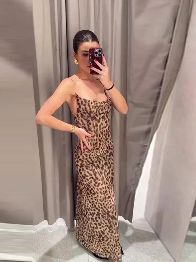 lovwvol New Leopard Print Sling Maxi Dress For Women 2024 Summer Elegant Backless Sleeveless Slip Long Dress Female Sexy Party Vestidos