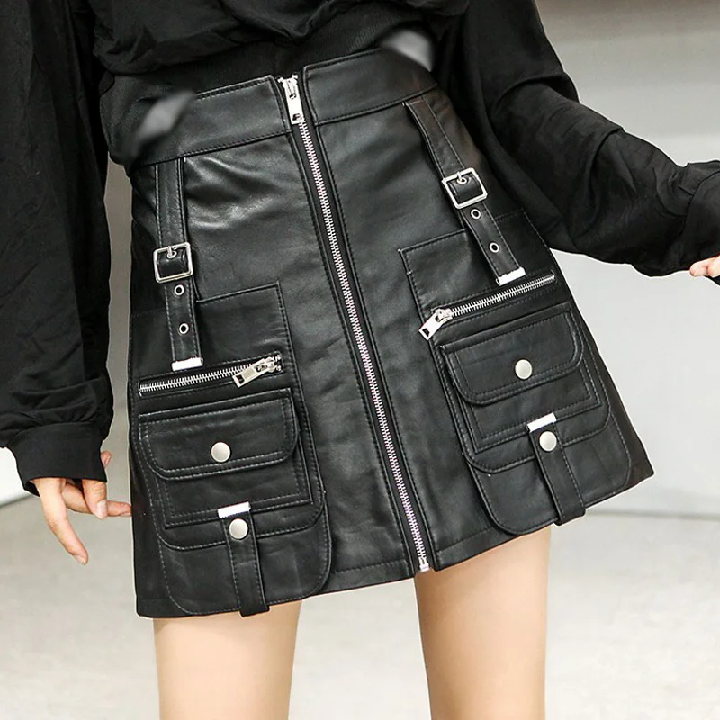 lovwvol Sexy Women High Waist Buckle Pockets A Line Mini Skirt Vintage Oil Wax Soft Sheepskin Genuine Leather Skirt Short Female Faldas