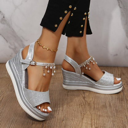 lovwvol Gold Silver Wedges Sandals Women 2023 Summer Pearl Tassels Ankle Strap Platform Sandles Woman Plus Size 43 Peep Toe Beach Shoes